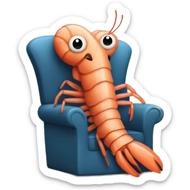A shrimp sitting in a chair in front of a table with an open laptop sticker
