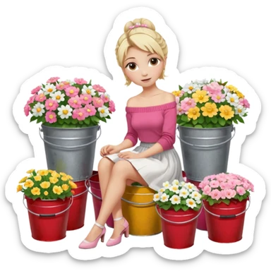 a blond girl  sitting  near various bouquets of flowers in metal buckets a white and pink flowers , Her hairstyle is slightly messy updo. She wears a red off-shoulder cardigan and a white long skirt. Her leg is extended forward toward the camera, appearing long and graceful. sticker