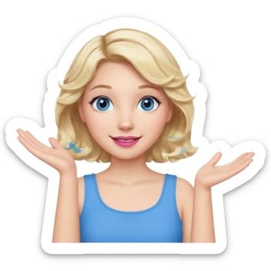 Girl Blonde short wavy hair,  blue eyes, cute blue top, long lashes, pink lips, smiling, one hand in the air sticker