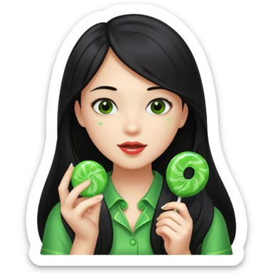 A girl with long black hair holding a piece of green hard candy in one hand and a green candy wrapper showing a guava on it in the other hand sticker