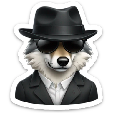 Un loup avec des lunettes ronde noir et un chapeau de mafieux sticker