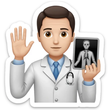 Radiografía de mano sostenida por un hombre con bata blanca  piel clara cabello café obscuro sticker