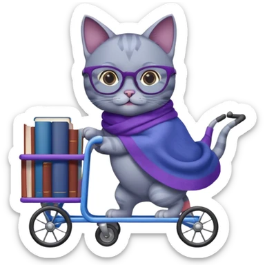 Purple and blue cat with reading glasses and a shawl, pushing a cart full of books sticker