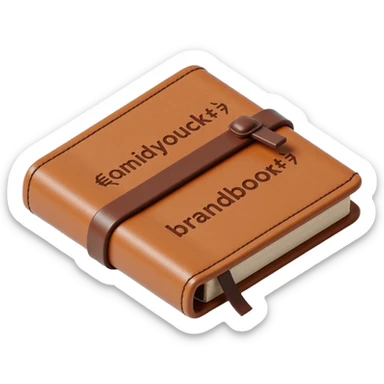 leather-bound notebook with stitching and 'brandbook' in bold written on it, skeuomorphism icon style sticker