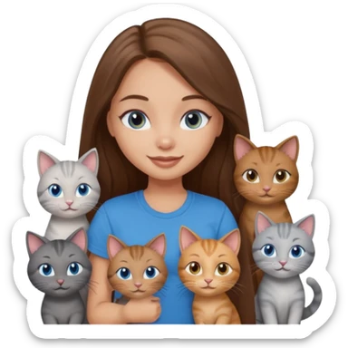 a pretty bratz dusky light skin girl with long brown hair, blue eyes with six cats nd wearing a grey tshirt sticker