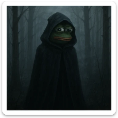 Пэпэ with a dark cloak and a mysterious aura, standing in a foggy forest sticker