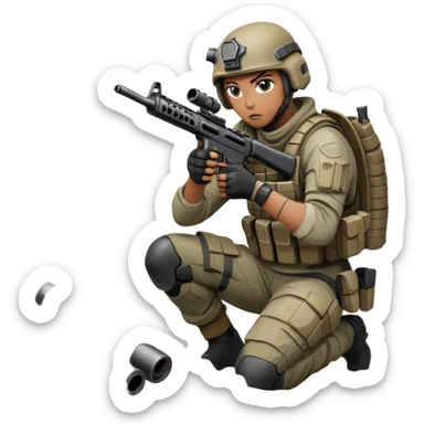 A skilled airsoft player in tactical gear, aiming a gun and shooting metal BBs in a desolate, ruined landscape. The setting is filled with broken walls and debris, creating a tense atmosphere of strategy and precision in a high-stakes tactical environment sticker