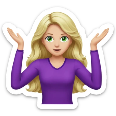 lady with long blonde wavy hair, green eyes and purple top top throwing arms in the as if confused sticker