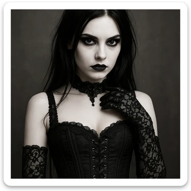 gothic girl, gothic style, corset, black lace gloves, pale skin, intense gaze sticker