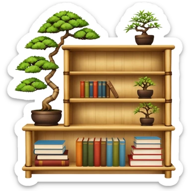 Wooden shelving unit with books and decorative items and bonsai made of thin dried bamboo  sticker