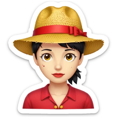 Black hair, straw hat with red robbion, red shirt with yellow buttons, stitched scar under Right eye. sticker