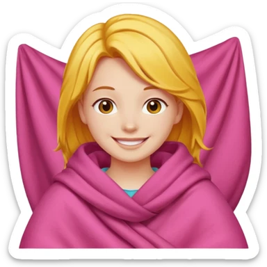 happy smile emoji red cheeks in pink blanket dark yellow hair sticker