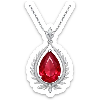 conceptual and ethereal teardrop ruby pendant with fiery light, a tiny phoenix feather emerging, haloed by shimmering white stones, and a silver chain, symbolizing rebirth sticker