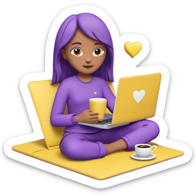 3D clay character relaxed with laptop and coffee, floating icons (envelope, heart, dollar), purple (#8B5CF6) outfit, bright yellow (#FBBF24) icons, white laptop, Pixar style, transparent background sticker