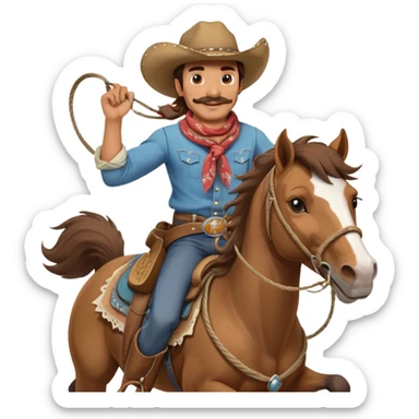 clash-of-clans-aesthetic_-cinematic-playful-cowboy-portrait-emoji, head-tilted with a roguish, cheeky grin and twinkling eyes, featuring a rugged, spirited build with a wide-brimmed cowboy hat and a weathered bandana on tan skin, brown hair and a moustache , riding a powerful galloping horse with dynamic flowing mane, reins gripped firmly in one hand and a lasso in the other, as dust swirls behind them in a vast desert landscape. sticker