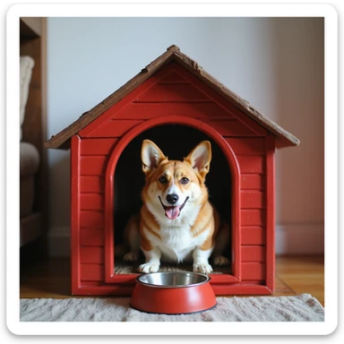 realistic red dog house with a Corgi dog inside, Corgi with a water bowl, photorealistic style sticker