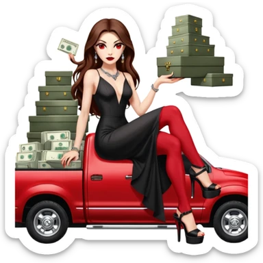 Lilith symbol red eye seductress evil long brown haired sexy succubus woman. Wearing Chanel  long dress with slit, sitting on top of a  giant lifted F350 pickup truck. Black Platform heels on feet. Back of truck full of stacks of cash, sitting behind her is  ahold stacks sticker