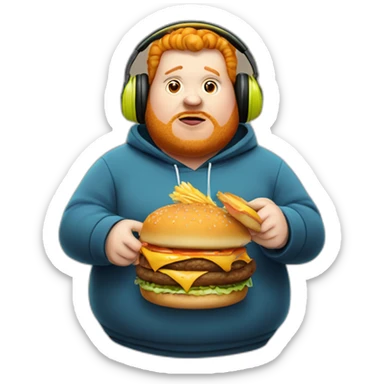 Fat man wearing a hoodie and headphones, ginger, eating a burger sticker