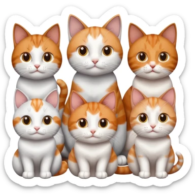 6 cats with different coloured coats, 2 are grey and white, 1 is grey with a little white, 1 calico, 1 brown tabby and white and one ginger and white sticker