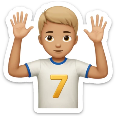 Boy doing 67 with hands in the air up to his chest and he is holding 6 in one hand and seven in the other sticker