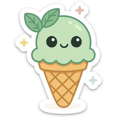 cute illustration of mint ice cream cone, crunchy cone, light green ice cream scoop, mint leaf details, cartoon style sticker