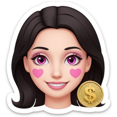 fair-skinned woman with dark hair, dollar sign ($) eyes, smiling, pink brush sticker