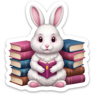 White rabbit sitting on 4 legs next to a stack of books consisting of 3 books sticker