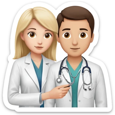 Female doctor in white coat using stethoscope to examine male patient's bare upper body during medical check-up sticker