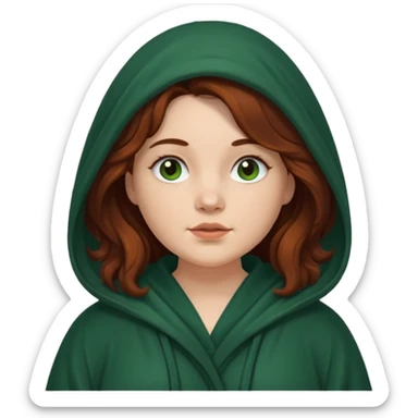 A white woman with a chubby face, with long dark auburn hair robed and hooded like she's a Traitor in the tv show The Traitors. her hair is slightly curly, but kinda frizzy, not with defined curls, and the robe is a very dark green color sticker