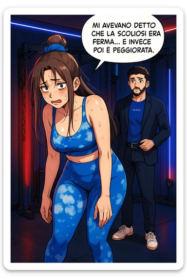 fai questa immagine in versione fumetto/manga/webtoon a colori, il manga mostra la donna disperata con un fumetto sulla testa che dice:
Mi avevano detto che la scoliosi era ferma… e invece poi è peggiorata.
 sticker
