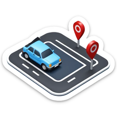 
A 3D minimal icon showing a street route to a destination, with a blue road, white and black vehicles, and small red accents for alerts. The style is clean, minimal 3D, with a transparent background. sticker