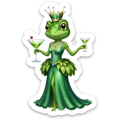 Lady frog in sparkly dress, boa, with a martini glass  sticker