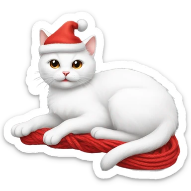 white cat on its back wearing a christmas hat playing with a ball of red yarn sticker
