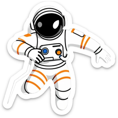 Stylized futuristic astronaut in mid-flight pose, heroic silhouette, dynamic diagonal motion lines sticker