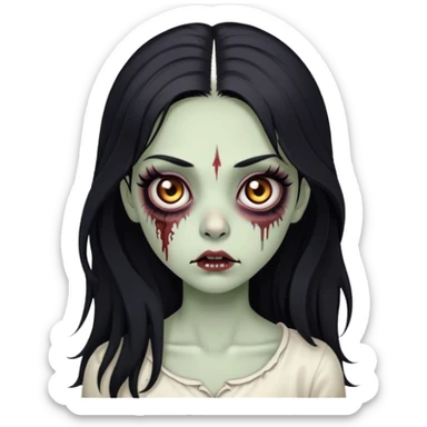 zombie girl, with big brown eyes, big eyelashes and black eyeliner, black long hair sticker