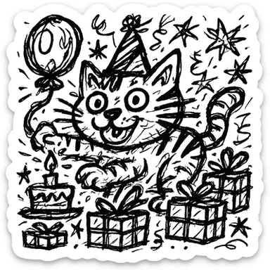 Add more gifts around the kitten, keeping the chaotic outlined style and all original elements intact sticker