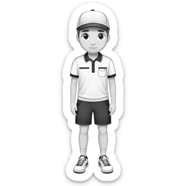 Pool attendant, wearing a cap, polo shirt, shorts, and sneakers, in a simple black and white outline style. No facial features. Zero facial fetures. featureless face sticker