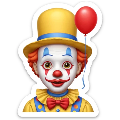 A clown who has a yellow hat, yellow clothes, blue neck ruffle, and a red balloon as his lips; sticker