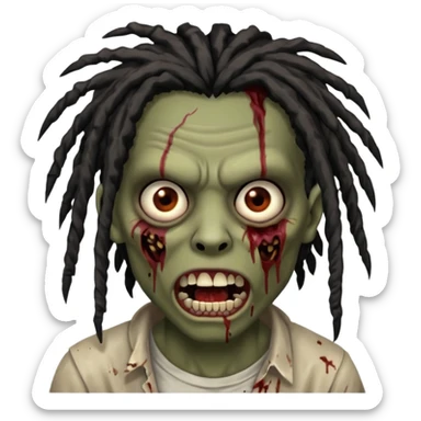 zombie with brown skin, messy black dreads hair, wide centered brown eyes, dark bloody marks under the eyes, and a slightly open mouth showing crooked teeth grillz, giving a distressed, undead look. sticker