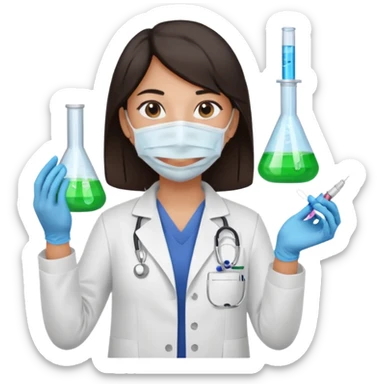 medica con guantes  y mascarilla e insumos laboratorio reactivo jerigan tubos  pelo negro largo triguella sin testoscopio sticker