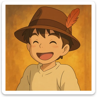 boy wearing a brown fedora with a feather, cheerful, warm lighting, Ghibli style sticker
