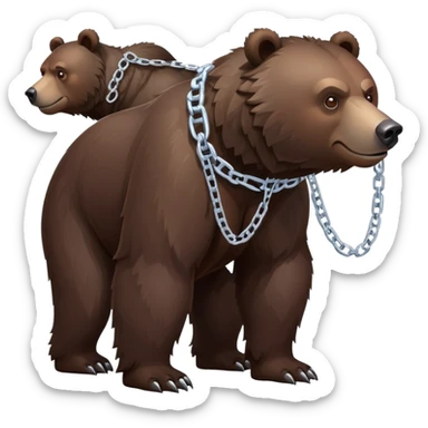 Dark chocolate brown grizzly bear shown from head to tail, standing on four legs, realistic appearance, serious face, ice chain collar, complete body sticker