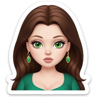  long brown hair, pale skin, green eyes, pretty bratz baddie, big plus size , black eyeliner, blush sticker