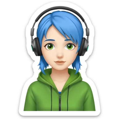 blue haired woman with headphone and green costumes  sticker