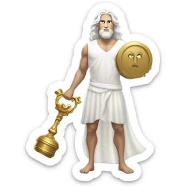 white man Poseidon lift gold weight . long white hair white dress. sticker