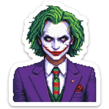 The Joker villain full body with green hair, purple suit, white face, red lips sticker