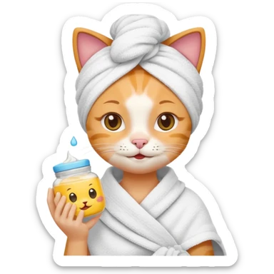 cute cat applying skin care cream with towel wrapped around head holding small jar fun emoji style sticker