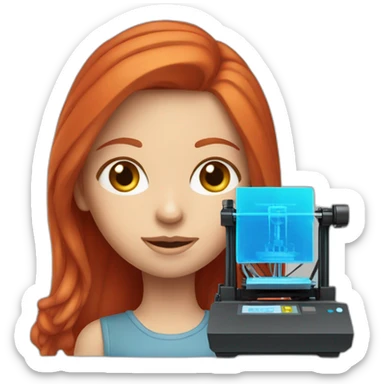 blue-eyed red-haired girl with 3d printer sticker