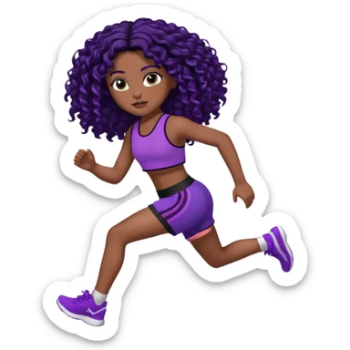 Uma boneca morena escura com olhos castanhos e cabelo cacheado longo preto até o peito, treinando correndo a roupa top curto, roxo com detalhes preto e short roxo com detalhes preto sticker