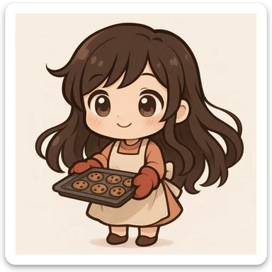 chibi-style brunette girl with short legs, long flowing hair, light-colored eyes, wearing an apron and baking cookies sticker